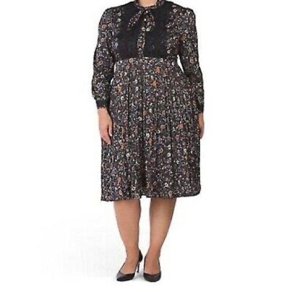 DALIA Macphee Floral Pleated Long Sleeve‎ Midi Dress Black Size 3x New - Picture 15 of 15